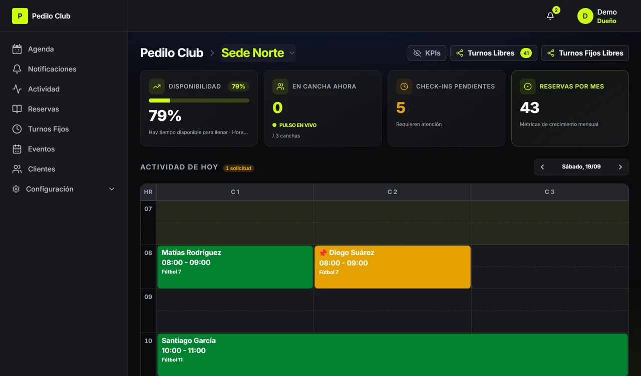 La agenda del club con un turno fijo pendiente de confirmación, en ámbar